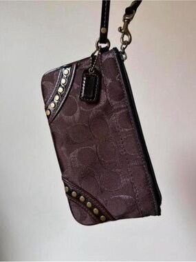 vintage coach chocolate signature jacquard studded wristlet